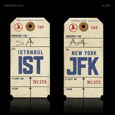 two luggage tags with the words new york and jfk printed on them, side by side