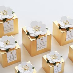 six gold boxes with white flowers on them