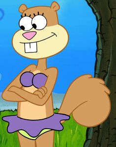 a cartoon squirrel is standing in front of a tree with its arms crossed and eyes closed