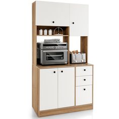 a microwave oven sitting on top of a wooden shelf next to drawers and cupboards