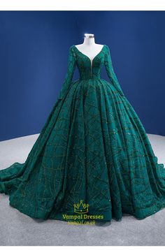 Emerald Green With Train V-Neck Ball Gown Prom Dresses With Long Sleeves Prom Dresses With Long Sleeves, Green Ball Gown, Dresses With Long Sleeves, White Quinceanera Dresses, Ball Gown Prom Dresses, Purple Quinceanera Dresses, Gown Prom Dresses, Black Quinceanera Dresses, Quinceanera Dresses Gold