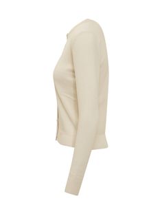 Beige long sleeve cardigan. Crew neck. Front button closure. Ribbed collar, cuffs and bottom.Composition: 100% Virgin Wool Elegant Fine Knit Outerwear In Solid Color, Elegant Long-sleeved Cardigan With Button Closure, Elegant Long Sleeve Cardigan With Button Closure, Elegant Button-up Sweater, Elegant Solid Color Button-up Sweater, Classic Long Sleeve Formal Cardigan, Elegant Cream Long Sleeve Cardigan, Elegant Fitted Cardigan With Ribbed Cuffs, Fitted Beige Fine Knit Cardigan