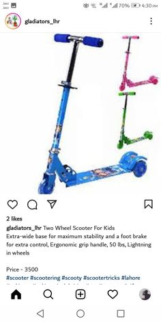 the scooter for kids has two wheels and is blue with pink trims