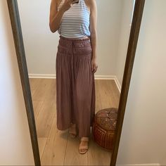 Boho Style Maxi Skirt. Lightweight, Flowy Material With Gathered Waist. Casual Mauve Bottoms For Spring, Casual Brown Maxi Skirt For Vacation, Casual Purple Skirt With Elastic Waistband, Casual Purple Skirt For Beach, Casual Purple Beach Skirt, Purple Flowy Maxi Skirt For Vacation, Casual Purple Relaxed Maxi Skirt, Casual Purple Lined Skirt Bottoms, Casual Purple Lined Skirt