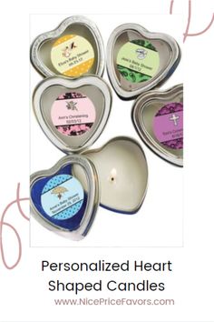 four personalized heart shaped candles in tins with the words personalized heart shaped candles