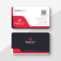 two business cards with red and black accents