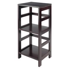 a wooden shelf with two shelves on each side and one shelf below the shelf is dark brown