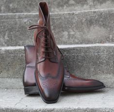 Crafted Leather Brown Leather Handmade Wingtip Men Dress Ankle High Lace up Boot on Storenvy