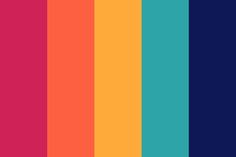 Vertical color blocks including a range of tones from magenta to orange, then yellow, then teal, finishing with indigo. Mexican Color Palette, Rainbow Color Palette, Retro Color Palette, Color Palette Bright