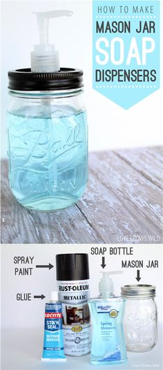 mason jar soap dispensers with instructions on how to make them in minutes