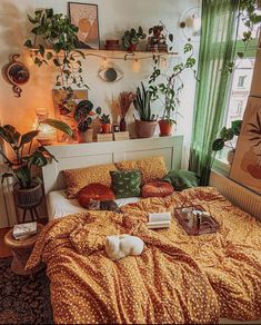 a bed room with a neatly made bed and lots of plants