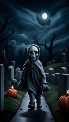 a creepy little skeleton walking down a cemetery path with pumpkins on the ground and full moon in the background