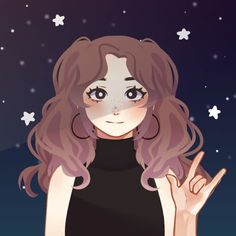 a girl with long hair is making the peace sign while standing in front of stars