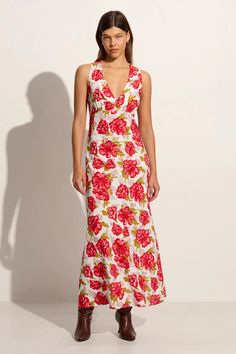 Acacia Maxi Dress Isadora Floral Red - Faithfull the Brand Feminine Red Floral Print Midi Dress, Reformation Red Floral Dress, Red Floral V-neck Summer Dress, Red Printed V-neck Maxi Dress, Red Floral Print V-neck Dress, Bias Cut Skirt, Faithfull The Brand, Floral Maxi, Waist Tie