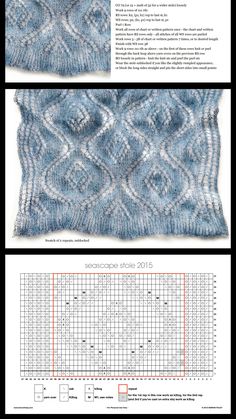 the knitting pattern is shown in blue and white, as well as an example of how to