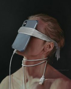 a painting of a woman with an electronic device strapped to her head and wires attached to the neck