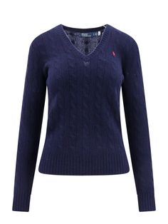 Wool and cashmere sweater with embroidered logo- V-neckline- Long Sleeve- Braided Fabric- Ribbed Profiles- 80% Wool 20% Cashmere Ralph Lauren Jumper, Ralph Lauren Womens Clothing, Blue Ralph Lauren, Navy Jumper, Polo Ralph Lauren Sweater, Navy Blue Sweater, Polo Ralph Lauren Women, Cashmere Blend Sweater, Ralph Lauren Sweater