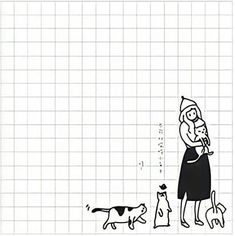 a drawing of a woman with her dog and cat on the side of a wall