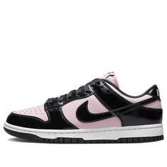 The Nike Dunk Low 'Pink Foam Black' is the perfect combination of style and comfort. The sleek silhouette features a pink leather base and black patent leather overlays. The pink nylon tongue, black laces over the white midsole and black rubber outsole complete the design. This sneaker is perfect for any activity, from running to walking, and is sure to make a statement. The inspiration behind the design is the classic Nike Dunk series, which has been a staple in the sneaker world for decades. T Dunks Pink, Pink And Black Nikes, Pink Jordans, Pink Nike Shoes, Black Nike Shoes, Pretty Shoes Sneakers