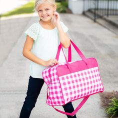 "Viv and Lou Hot Pink Check Travel Bag This Hot Pink Check Travel Bag is perfect for a weekend travel bag! Great for travel, camp outs and trips to Grammy's We offer a large variety of font choices and thread colors to make this bag PERFECT for YOU! Monogram will be placed in the navy area on the top. Duffel Bag Description: Polyester 18.5\" L x 8\" W x 12\" H Large Main Compartment with Dual Zipper Closure and Interior Lining Removable, Adjustable Shoulder Strap Easy-to-Carry Handles Reinforced Kids Travel Bags, Weekend Duffle Bag, Monogram Kids, Personalized Travel Bag, Carryon Bag, Mint And Navy, Travel Duffle, Travel Duffel, Duffel Bag Travel