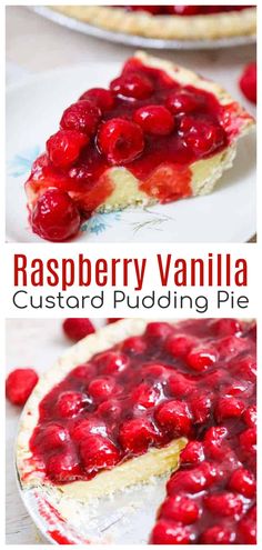 raspberry vanilla custard pudding pie on a white plate with text overlay