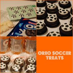 an orange and white collage with black and white cookies, oreo soccer treats, and other candies