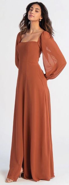 Style Althea: Luxe chiffon gown with sheer sleeve, straight across neckline and side slit By Jenny Yoo Ardmore, PA & Morristown, NJ Gaun Tulle, How To Have Style, Jenny Yoo Bridesmaid, Long Sleeve Bridesmaid Dress, Bridesmaid Dresses With Sleeves, Bridesmaid Dress Styles, Long Sleeve Dress Formal, Jenny Yoo, Guest Dress