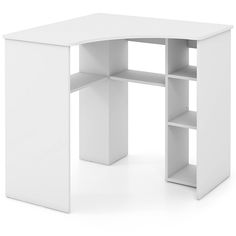 a white desk with an open shelf on the top and shelves below it for storage