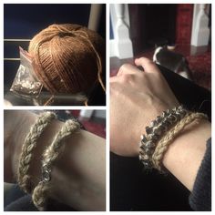 three pictures showing different types of bracelets on someone's arm and the other hand holding a ball of yarn