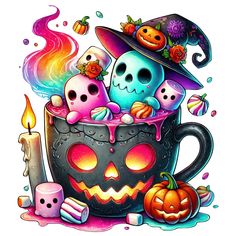 a cup filled with skulls and pumpkins next to a candle