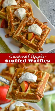 some waffles are topped with apples and whipped cream