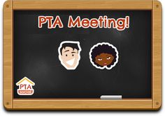 a blackboard with stickers on it that says pta meeting and two people