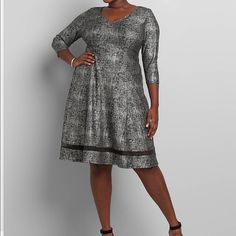 3/4 Sleeve Textured Fit And Flare Dress With Mesh Hem Metallic Shimmer Dress For Fall, Elegant Silver Dresses For Fall, Black Eyelet Dress, Striped Bodycon Dress, Sweater Maxi Dress, Lane Bryant Dresses, Soft Dress, Flowy Maxi Dress, Floral Print Midi Dress