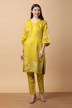 Mustard kurta with floral dori embroidery. Paired with coordinating pant and dupatta. - Aza Fashions Festive Straight Kurta Pant Set, Festive Fitted Straight Kurta Pant Set, Festive Fitted Pant Set With Straight Kurta, Festive Embroidered Border Pant Set, Festive Chanderi Fitted Pant Set, Silk Sets With Floral Embroidery And Straight Pants, Traditional Fitted Pant Set With Floral Embroidery, Spring Silk Sets With Embroidered Border, Festive Wedding Pants With Embroidered Border