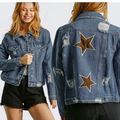 Trendy Distressed Jean Jacket Faux Suede Stars Cotton Polyester Blend Denim Jacket With Star Print, Denim Jacket With Star Print And Long Sleeves, Casual Star Print Denim Jacket, Fall Denim Jacket With Star Patch, Casual Winter Denim Jacket With Star Print, Casual Denim Jacket With Star Print For Winter, Blue Star Print Outerwear For Fall, Casual Star Print Outerwear For Fall, Fall Denim Jacket With Star Patch And Long Sleeves