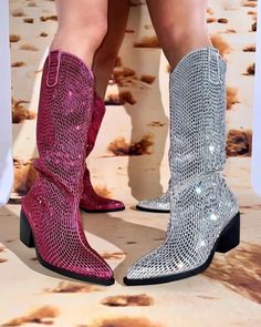 These Rhinestone Boots from Primadons and Donnas are a must-have for any fashionista. Crafted from high-quality materials, these boots are made to order and will take around 2-4 weeks to arrive. If you need them sooner, you can add a rush charge to get them in around 1 week. These boots come in a classic black and silver color with a chunky heel. If you would like this style, please make sure to include it in your order purchase notes. These Rhinestone Boots are sure to make a statement and will Western Style Party Boots With Bling, Western Rhinestone Party Boots, Western Style Party Boots With Rhinestones, Western Party Boots With Rhinestones, Western Party Boots With Rhinestone Rivets, Fall Rhinestone Boots, Trendy Rhinestone Boots For Fall, Fall Rhinestone Ankle Boots, Western Winter Boots With Rhinestone Rivets