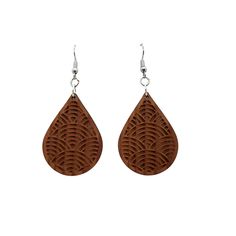 Wood earrings in a teardrop shape engraved with a fun pattern handcrafted from wood in the USA in a small father and daughter wood shop in Northern California.Nickel Free Wire HooksWood is sealed - lightly coated with a a clear finish.1.5" x 1" x .13" thickThis is not the exact pair of dangle hook earrings that will be shipped. Wood grain and coloring will vary with each piece. Our redwood earrings and necklaces are made out of salvaged California Redwood. No trees were harvested or cut to produce this necklace or any of our redwood jewelry. California Souvenirs, Coaster Crafts, Wood Keychain, Father And Daughter, Sign Stencils, Wood Ornaments, Wood Earrings, Hat Pins, Wood Jewellery