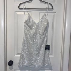 Never Worn! Perfect For A Bachelorette Party. White Sequins Mini Dress White Mini Dress For Date Night Holiday, White Mini Dress For Homecoming Party Season, Teal Green Dress, Dresses Lulus, Sequin Formal Dress, Floral Skater Dress, Lulus Dresses, Lace Skater Dress, Linen Mini Dress