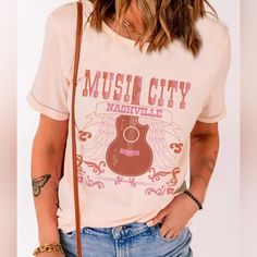 Pink And Red Nashville Music City Western Short Sleeve Tee Size M Short, Cuffed Sleeves, Has Good Stretch Soft, Cool Material 21.5" Pit To Pit | 27" Long Other Sizes Are Available To1 Pink Music, Music City Nashville, Style Casual Chic, Graphic Style, Pink Crewneck, Short Sleeve Pattern, Music City, Cuffed Shorts, Music Print