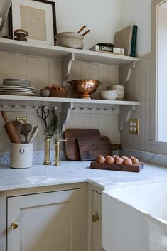 the kitchen counter is clean and ready to be used for baking or other cooking purposes