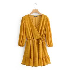 Women Elegant Ruffles Minini Dress OG0706 Yellow Long Sleeve Ruffled Dress, Yellow Midi Dress With Ruffles For Fall, Yellow Ruffled Midi Dress For Fall, Fall Yellow Midi Dress With Ruffles, Boho Chiffon Dress, Elegant Backless Dress, Kimono Dresses, Easter Dresses For Toddlers, Loose Midi Dress