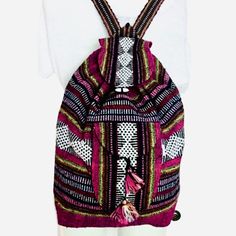 Bright Baja Style Multicolor Handcrafted Mexican Woven Jerga Sarape Drawstring, Button Flap Backpack With Tassel Tie Front Pocket, Roomy, Lots Of Space For Electronics, Books, Travel Gear, Clothing And Great As A Shopping Bag, Too. Ready For Adventure - Brand New With Tags! 20" Tall Including Straps X 15" Wide X 6" Thick Brand New With Tags Bundle 2 Or More Items And Save With My Automatic Bundle Discount Always Speedy Shipping Brand New Baja Jerga Sarape Tassel Backpack, Mochila Pink Summer Backpack With Adjustable Strap, Pink Backpack With Adjustable Strap For Summer, Pink Rectangular Tassel Bag, Casual Woven Backpack, Pink Bags With Tassels For Daily Use, Bohemian School Backpack, Bohemian School Bag With Adjustable Strap, Pink Tassel Bag For Travel, Pink Adjustable Bag