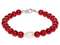 Introducing the whimsical and vibrant 7mm Red Coral and 7.5-8mm White Cultured Freshwater Pearl Rhodium Over Sterling Silver Beaded Bracelet by Pacific Style™! This delightful piece is sure to add a pop of color to your ensemble, featuring luscious red coral beads paired with elegant white cultured freshwater pearls. The playful combination creates an eye-catching contrast that will surely turn heads wherever you go. With dimensions measuring at 7.25 inches in length and 0.30 inches in width, th Red Single Strand Beaded Bracelet, Elegant Red Beaded Bracelets With Lobster Clasp, Resort Jewelry, Silver Beaded Bracelet, Sterling Silver Bead Bracelet, Pendant Watches, Buy Earrings, Diamond Alternatives, Silver Bead Bracelet