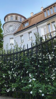 an iron fence with white flowers growing on it in front of a large building that has many windows and balconies