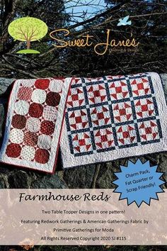 the cover of sweet jane's farmhouse reds quilt book, featuring two red and white squares