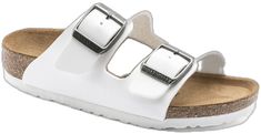 Casual White Sandals With Adjustable Strap, White Double Strap Sandals With Cork-bed Midsoles, Casual White Slides With Buckle Closure, Classic White Slides With Round Toe, Classic Synthetic Sandals With Buckle Closure, Classic White Leather Sandals, White Slides With Adjustable Strap, Classic White Sandals With Leather Footbed, White Open Toe Slides With Adjustable Strap