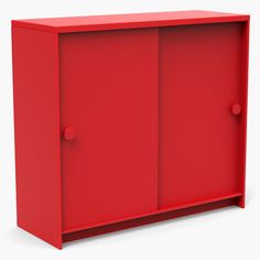 a red cabinet with two doors on the front and one door open to show it's contents