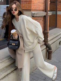 Casual Loose Solid Color Round-Neck Sweater Tops  &  Wide Leg Pants Suits BLACK-One_size Loose Pants And Sweater Outfit, Pink And Gray Outfit, Wide Leg Pant Suit, Winter Typ, Sweater Tops, Chic Outfit, Round Neck Sweaters, Cardigan Tops, Pants Color