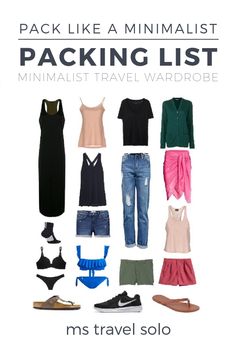 the packing list is filled with clothes, shoes and other things to pack for traveling