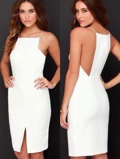 Fitted White Backless Dress For Prom, White Backless Banquet Dress, White Backless Dress For Banquet, White Prom Dress With Back Opening, Fitted White Backless Dress With Back Opening, White Mini Dress With Back Opening For Wedding, White Dress With Back Zipper For Date Night, White Fitted Bodycon Dress For Prom, Fitted White Bodycon Dress With Back Zipper